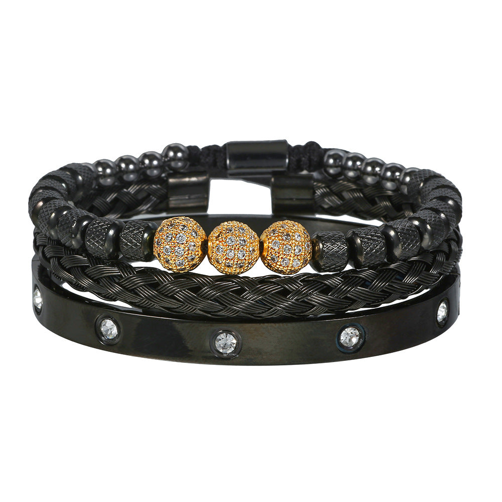 Geometric Round Stainless Steel Plated Bracelet Set with Cubic Zirconia Beads and Roman Numerals for Men and Women