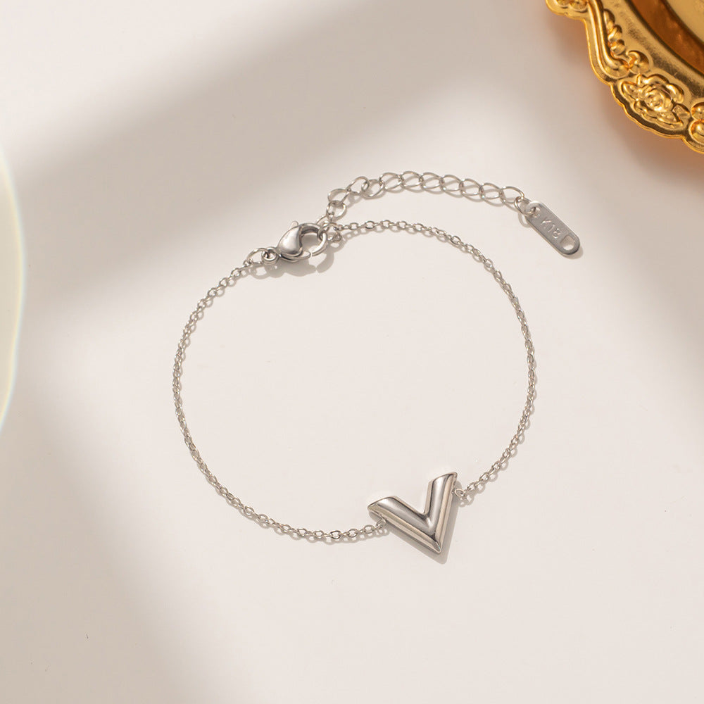 Minimalist Luxe V Letter Pendant Necklace for Women in Titanium Steel with Gold Plating
