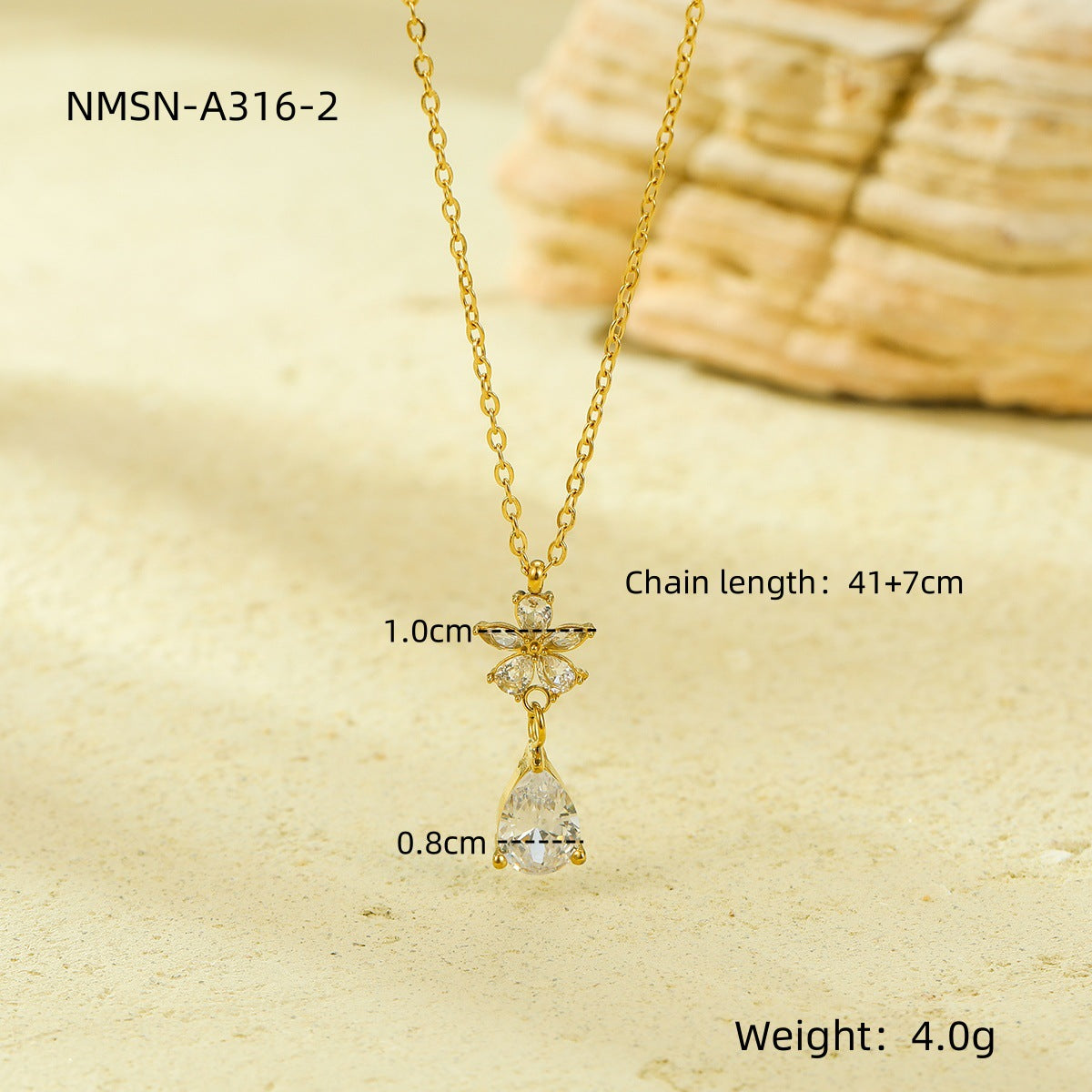 Collana da donna in acciaio inossidabile con zirconia a forma di petalo e finitura placcata