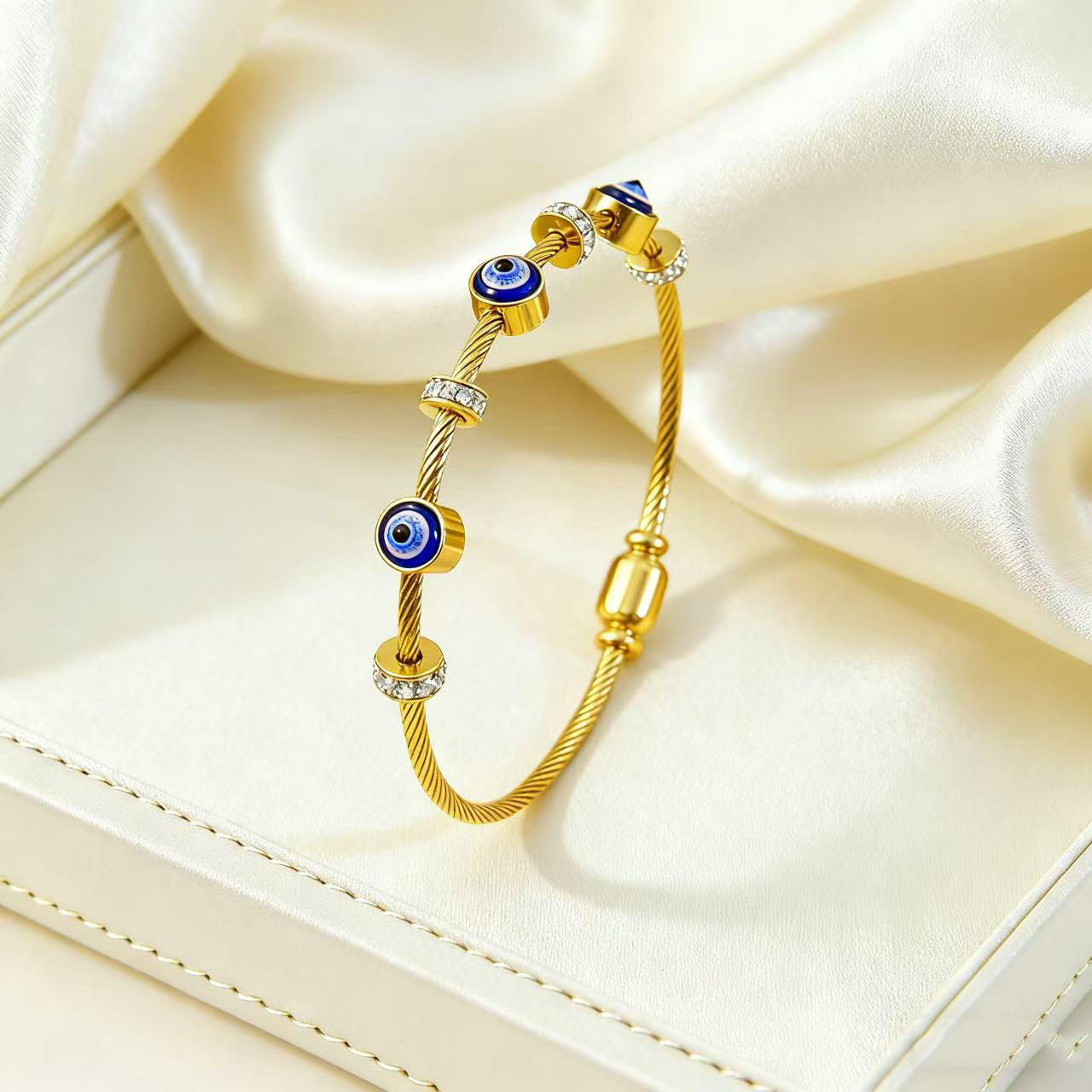 Vintage 18K Gold Plated Titanium Steel Drip Oil Evil Eye Bracelet with Rhinestones