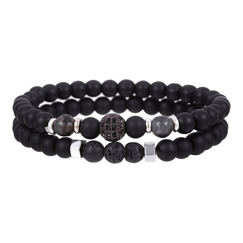 Matte Black Volcanic Stone and Brass Beaded Bracelet with Micro-set Cubic Zirconia, Geometric Round Design for Unisex