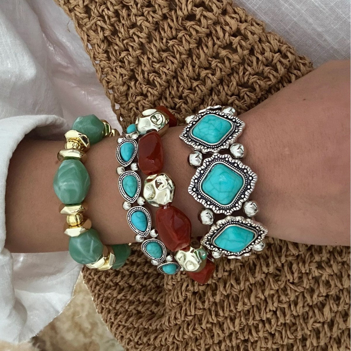 Bohemian Vintage Geometric Turquoise Inlay Plated Alloy Bracelet for Women