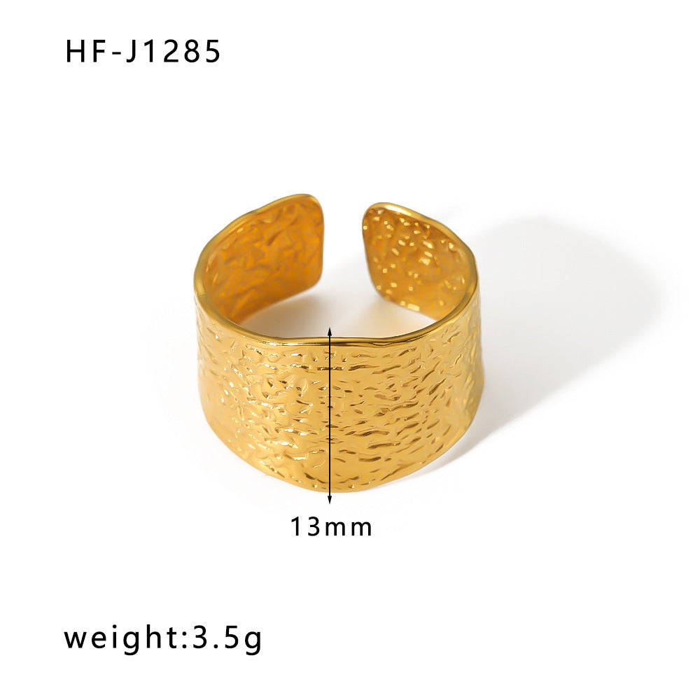 Geometric C-Shaped Titanium Steel Ring with 18K Vacuum Plating for Women and Men, Fashionable Textured Open Band Statement Ring