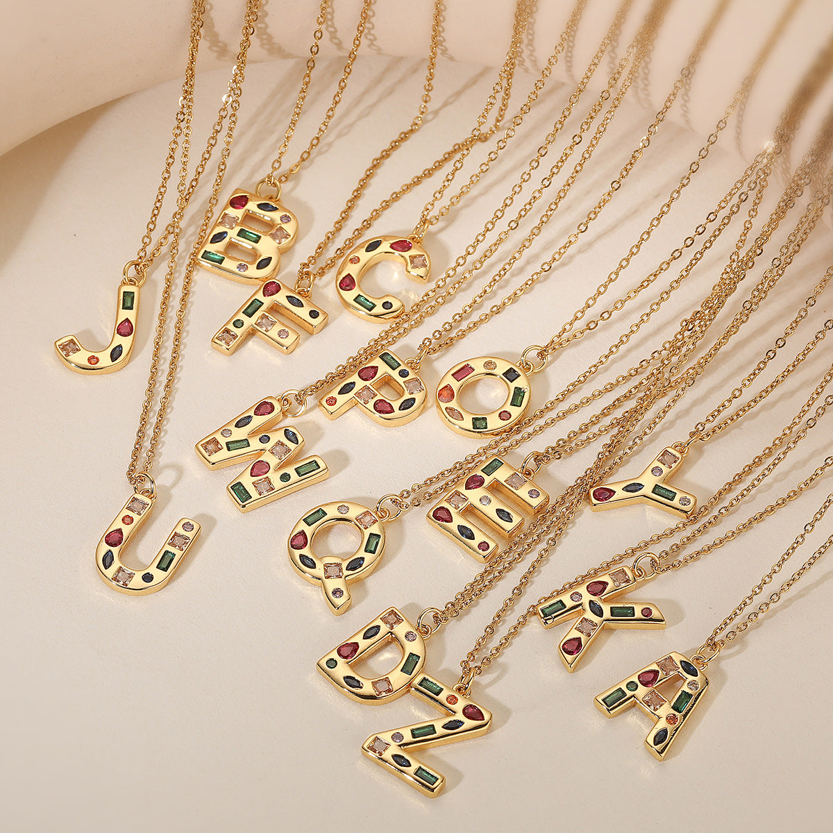 Minimalist Letter Shape Copper Pendant Necklace with 18K Gold Plating and Colored Zircon Inlay for Women