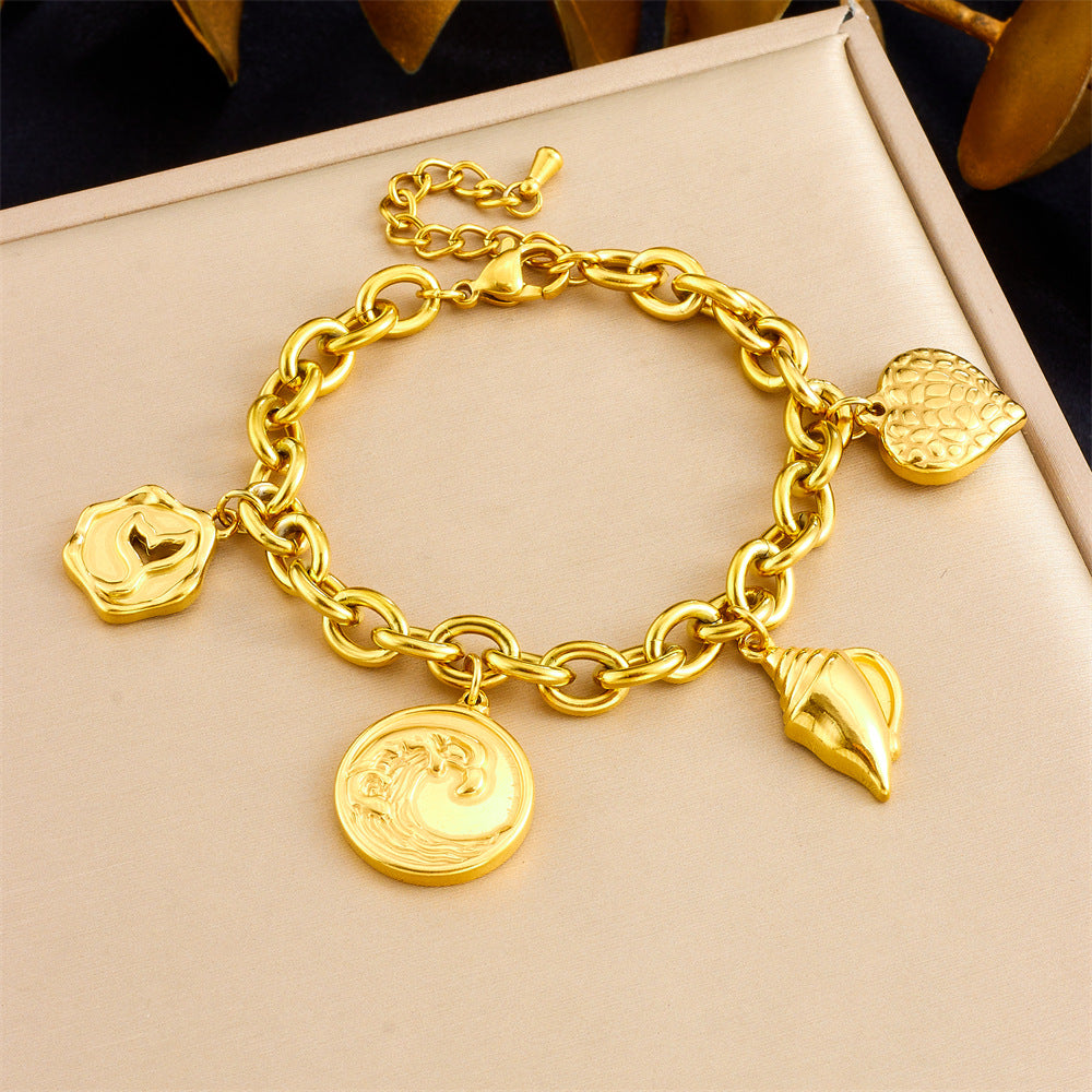 Vintage Fashion Stainless Steel Gold Plated Wave Conch Mermaid Tail Pendant Bracelet for Women