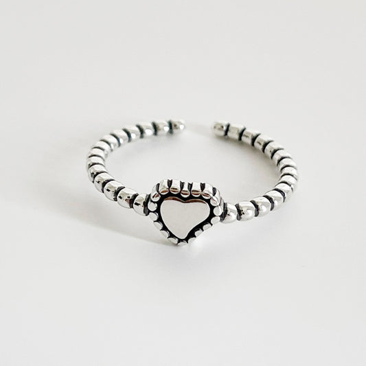 Anello aperto in argento sterling 925 a forma di cuore, stile rustico vintage da donna