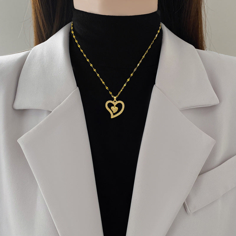 Minimalist Double Heart Shaped Titanium Steel Necklace with Zircon Inlay for Women and Men, Delicate Clavicle Chain