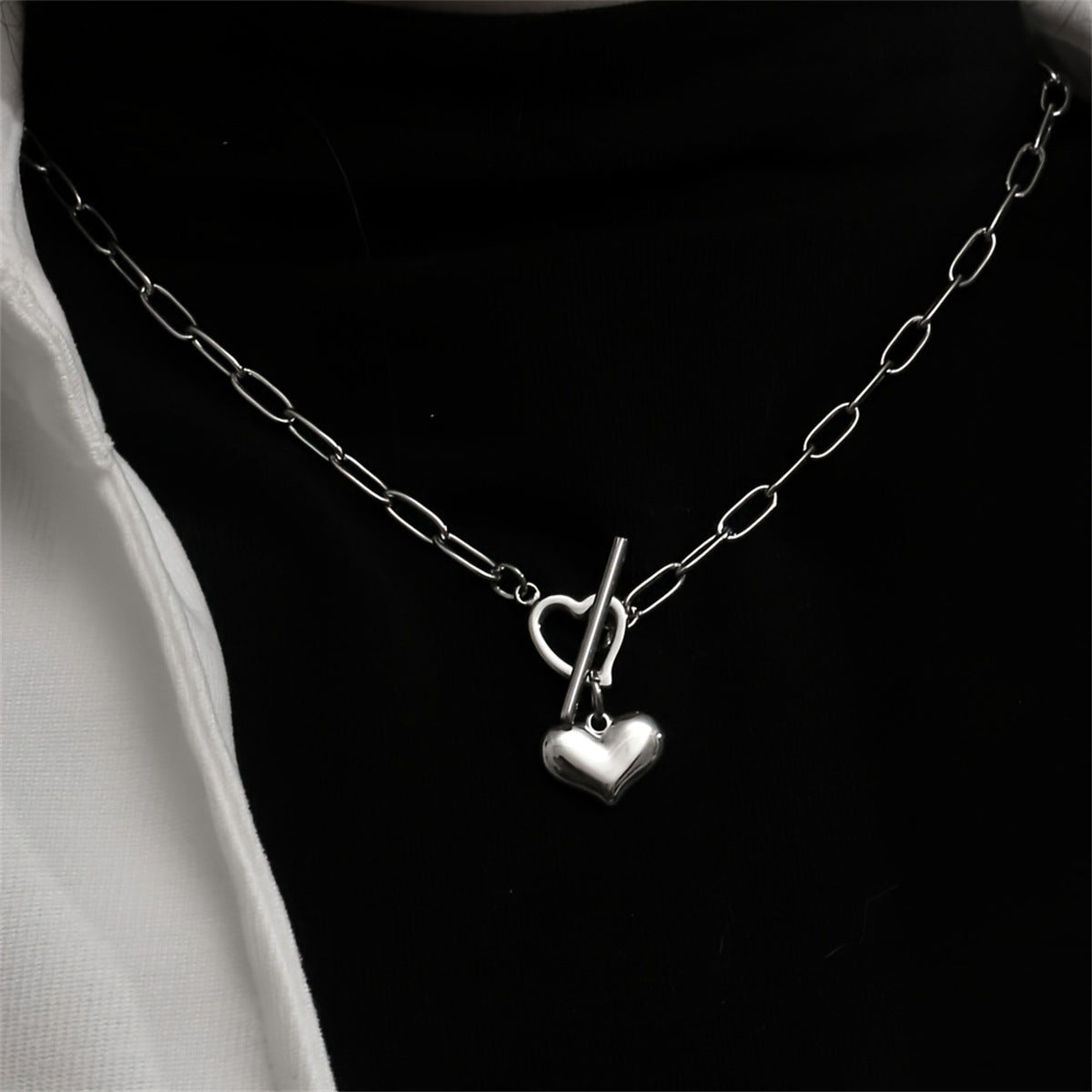 Minimalist Three-Dimensional Heart Pendant Necklace in Titanium Steel with Plated Finish, Long Layered Sweater Chain with Bamboo Link Style