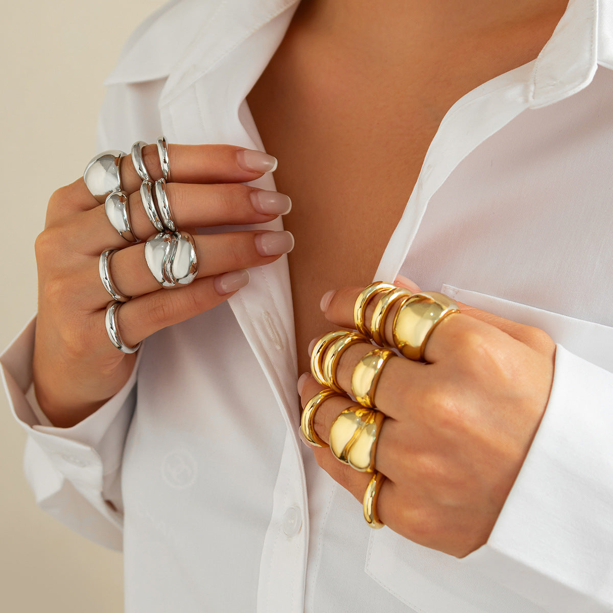 Hip-hop Geometric Plated Zinc Alloy Irregular Double-layer Ring Set for Women