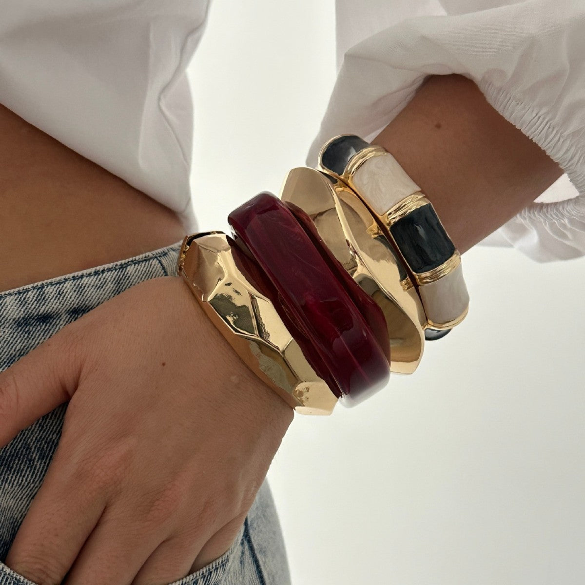 Vintage Enamel Drip Oil Plated Geometric Wave Bamboo Joint Open Cuff Bracelet for Women