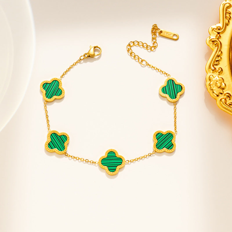 Bracciale in Acciaio al Titanio con Trifoglio a Quattro Foglie Geometrico Leggero di Lusso Placcato Oro Rosa 18K