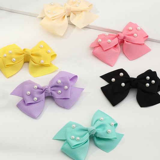 Fermaglio per Capelli in Tessuto Stile Coreano Minimalista con Fiocco e Intarsio di Perle per Bambine dai 3 ai 10 Anni