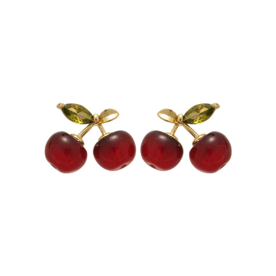 Pendientes de resina con forma de cereza dulce y circonitas incrustadas para mujer, pendientes ligeros de moda con postes de acero inoxidable