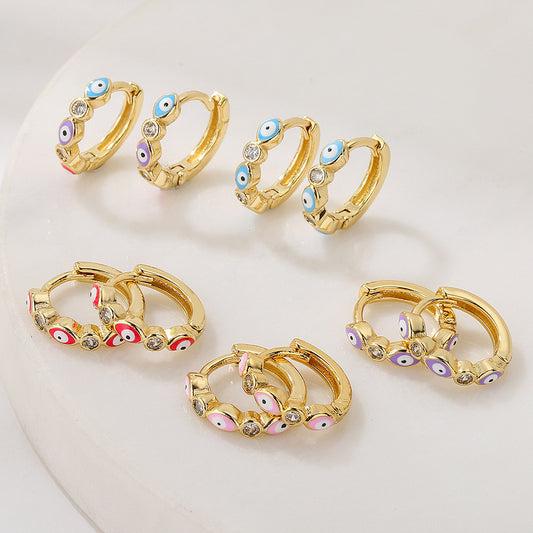 Minimalist Geometric Copper Hoop Earrings with 18K Gold Plating and Enamel Zirconia Evil Eye Design for Women