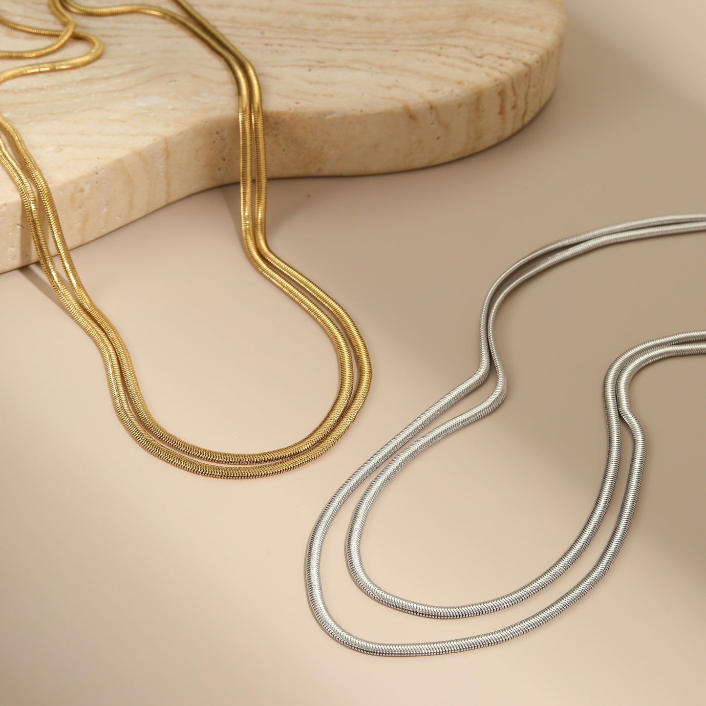 Minimalist Geometric Snake Chain Necklace in Stainless Steel with 18K Gold Plating for Women Long Layering Sweater Chain