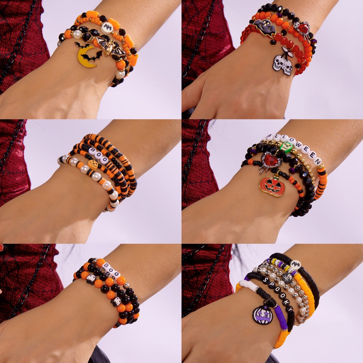 Juego de pulseras de murciélago fantasma de Halloween dulce-atrevido con abalorios de cristal de aleación para un accesorio de moda apilable