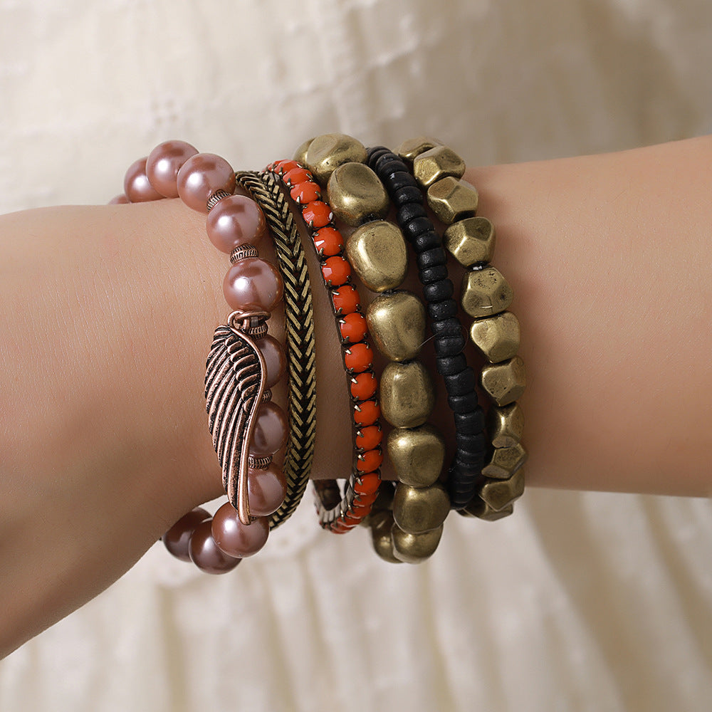 Vintage Bohemian Geometric Round Alloy Acrylic Pearl Bracelet Set