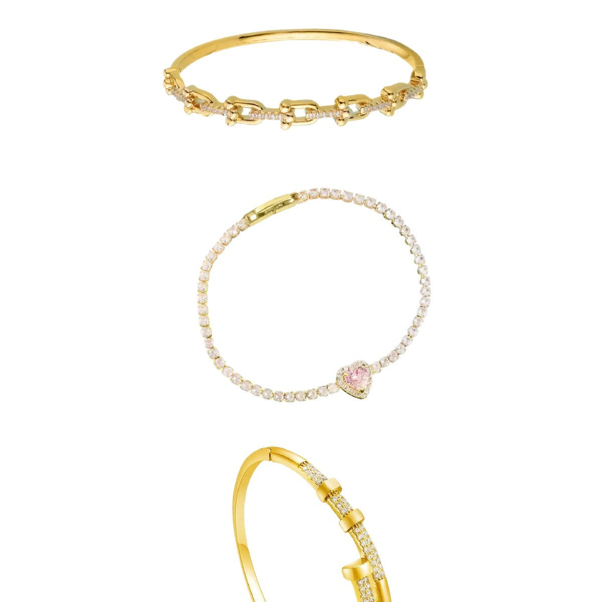 Luxury Heart Rhinestone Plated Brass Bracelet with Cable Chain and Clasp for Women