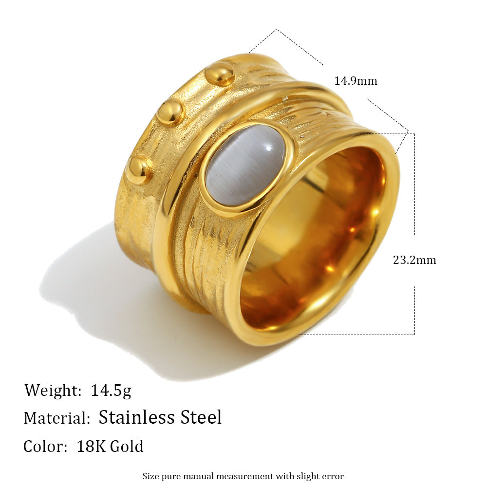 Anello Vintage Stile Old Money Geometrico in Acciaio Inossidabile Placcato Oro 18K con Accento in Pietra Occhio di Gatto da Donna