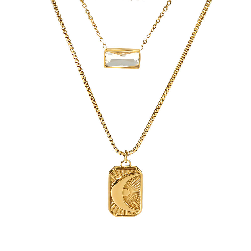 Minimalist Moon and Sun Geometric Pendant Necklace in Stainless Steel with Rhinestone Inlay on O-Chain for Women