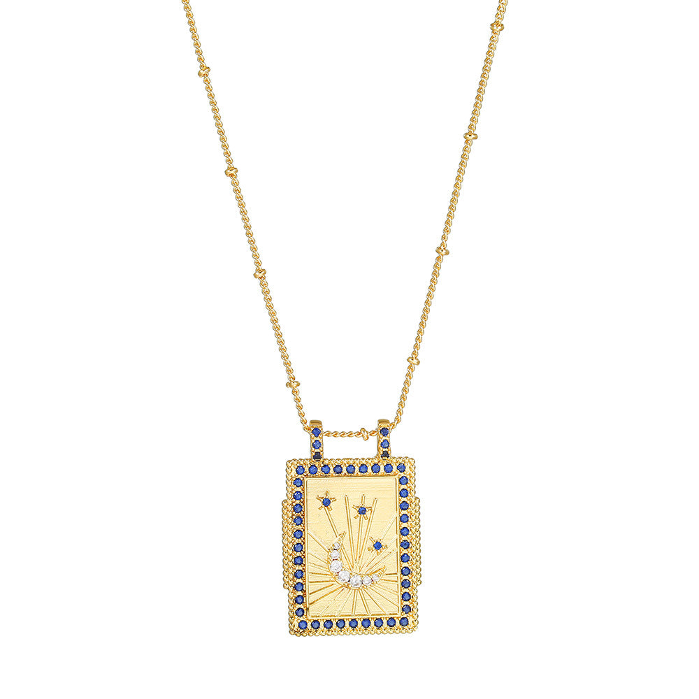 Geometric Gold Plated Brass Drip Oil Cubic Zirconia Inlay Tarot Necklace with Cable Chain
