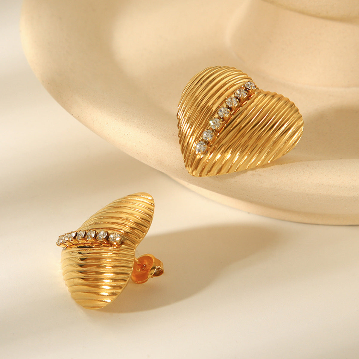 Trendy 18K Gold Plated Stainless Steel Heart Stud Earrings with Rhinestone Inlay for Women