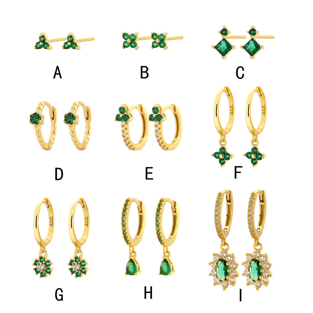Elegantes Pendientes de Plata de Ley 925 con Forma de Trébol, Esmalte Verde Esmeralda y Detalles de Pedrería para Mujer