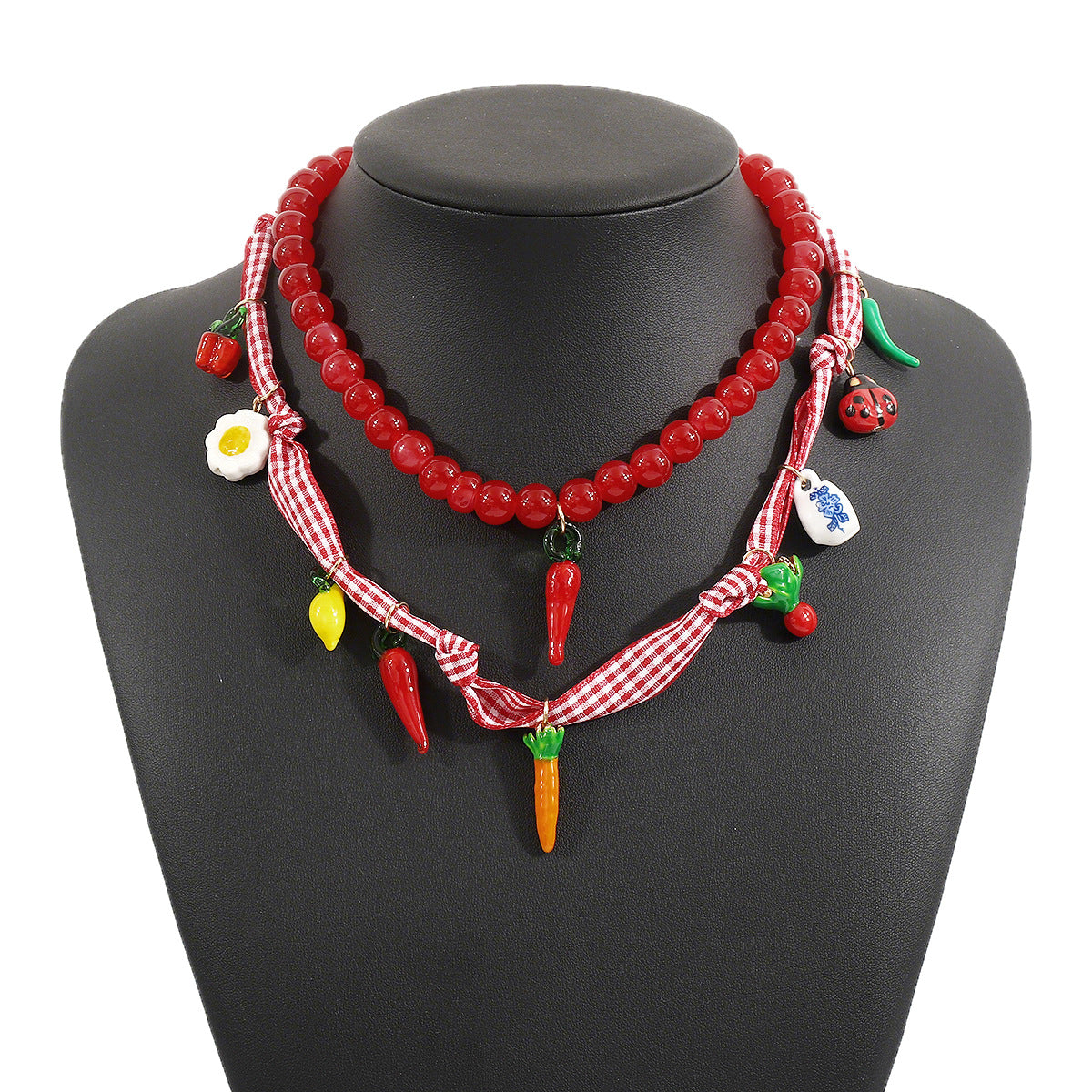 Collar rústico de pimiento picante y insecto esmaltado, hecho a mano, con motivos de frutas y verduras, en una delicada cadena de clavícula