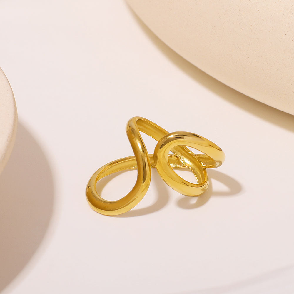 Minimalist Stainless Steel Ring with 18K Gold Plating, Asymmetrical Double Teardrop Shape, Geometric Design Hand Jewelry