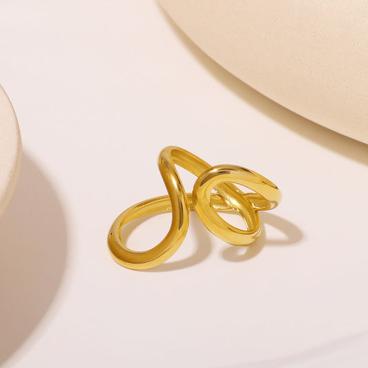 Minimalist Stainless Steel Ring with 18K Gold Plating, Asymmetrical Double Teardrop Shape, Geometric Design Hand Jewelry