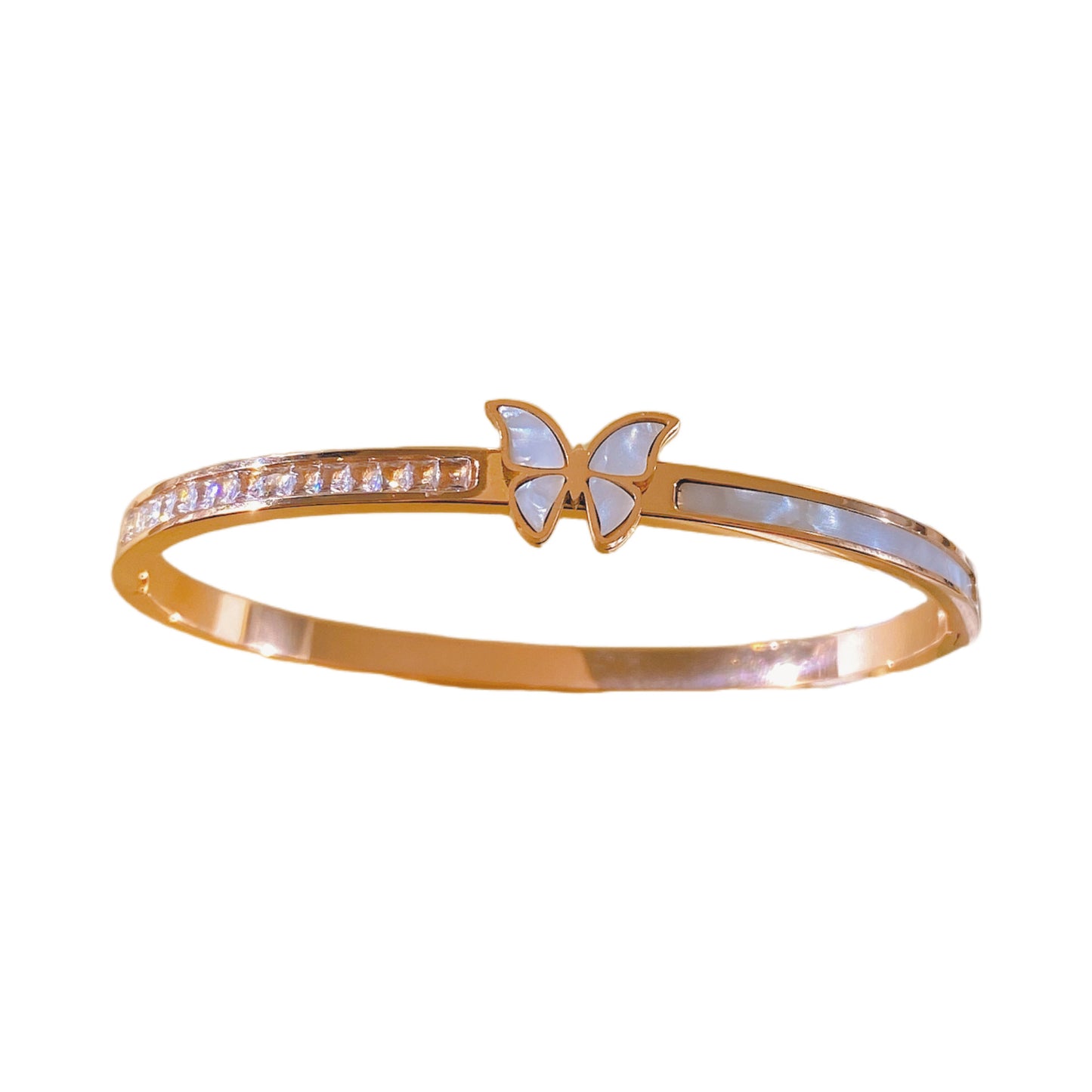 Elegant Micro-inlay Shell and Cubic Zirconia Butterfly Open Cuff Titanium Steel Bracelet