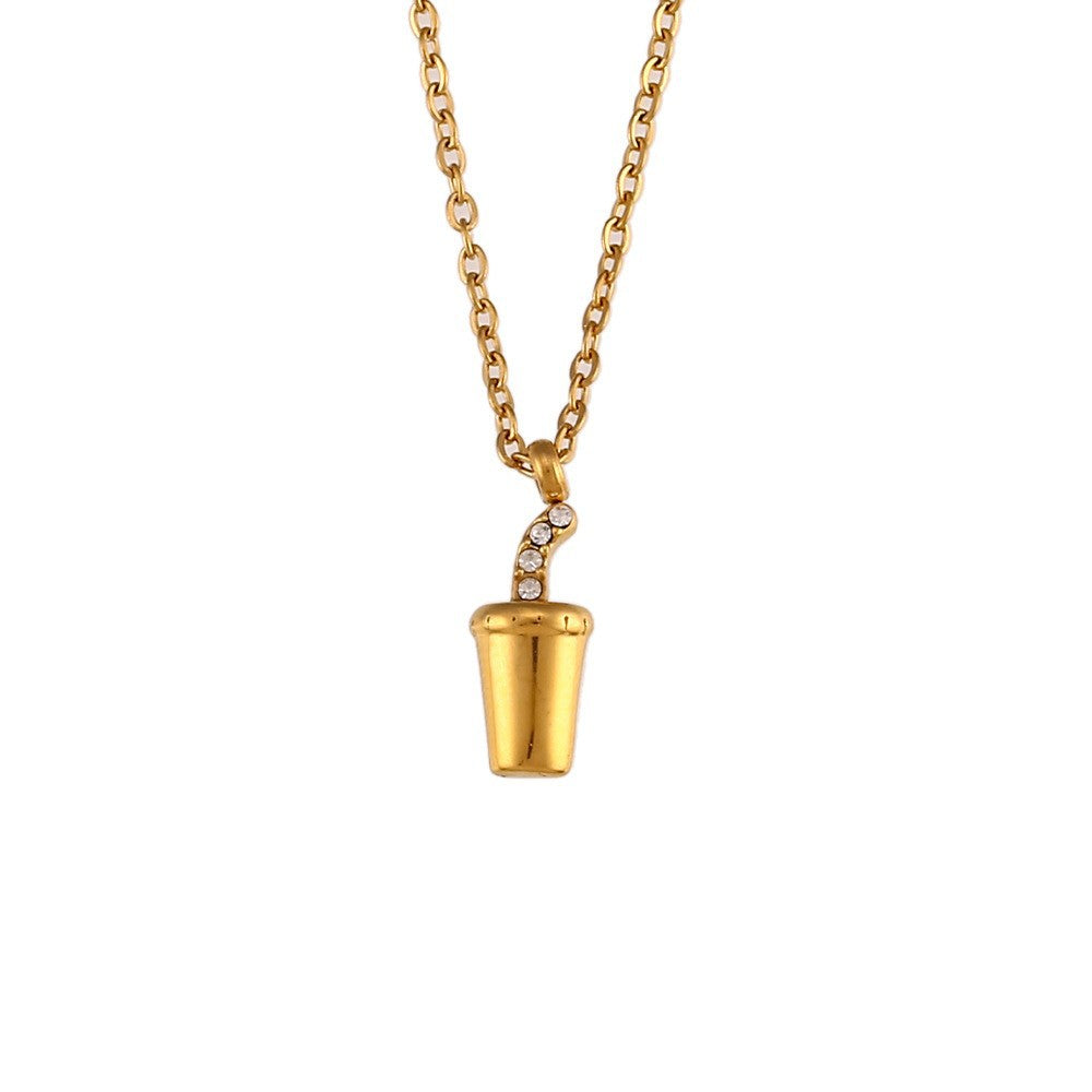 Collana con Pendente Geometrico alla Moda in Acciaio Inossidabile con Placcatura in Oro 18K, Accenti in Acciaio al Titanio, Accenti di Strass e Dettaglio con Frange per Donna