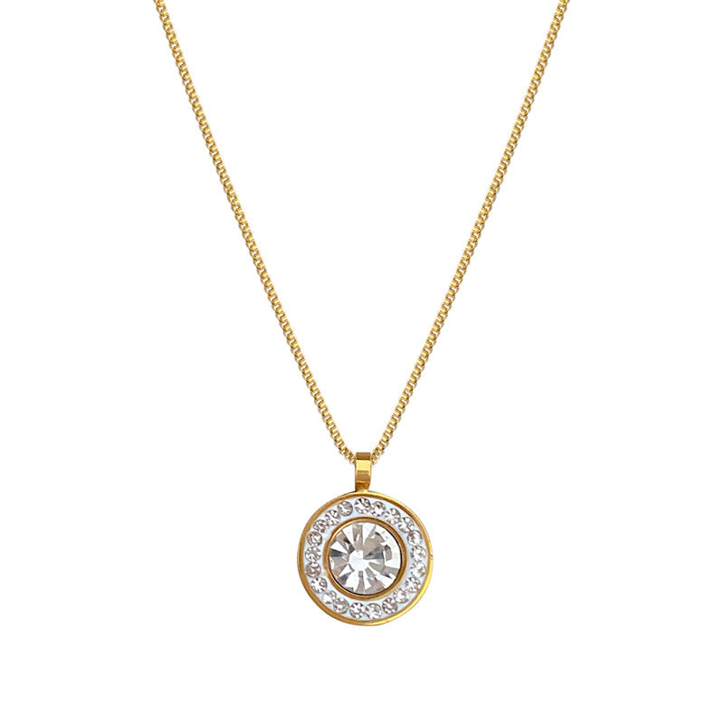 Minimalist Geometric Titanium Steel Collar Chain with Rhinestone Inlay Floral Pendant