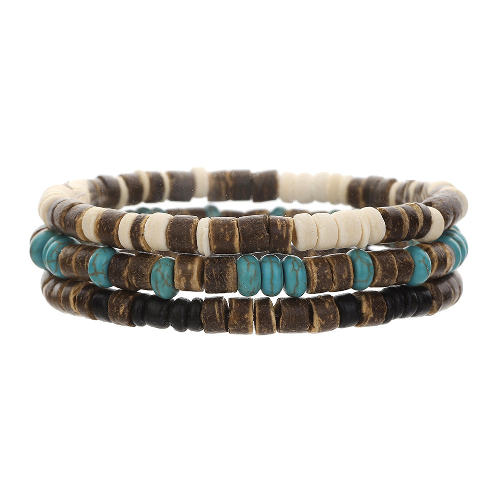 Minimalist Geometric Wood Turquoise Coconut Shell Beaded Bracelet Handmade Unisex Jewelry