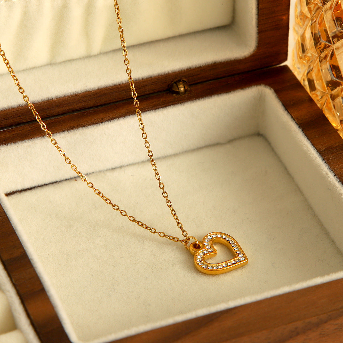 Minimalist Hollow Heart Pendant Necklace for Women Stainless Steel with Zircon Inlay Plated Titanium Steel Chain