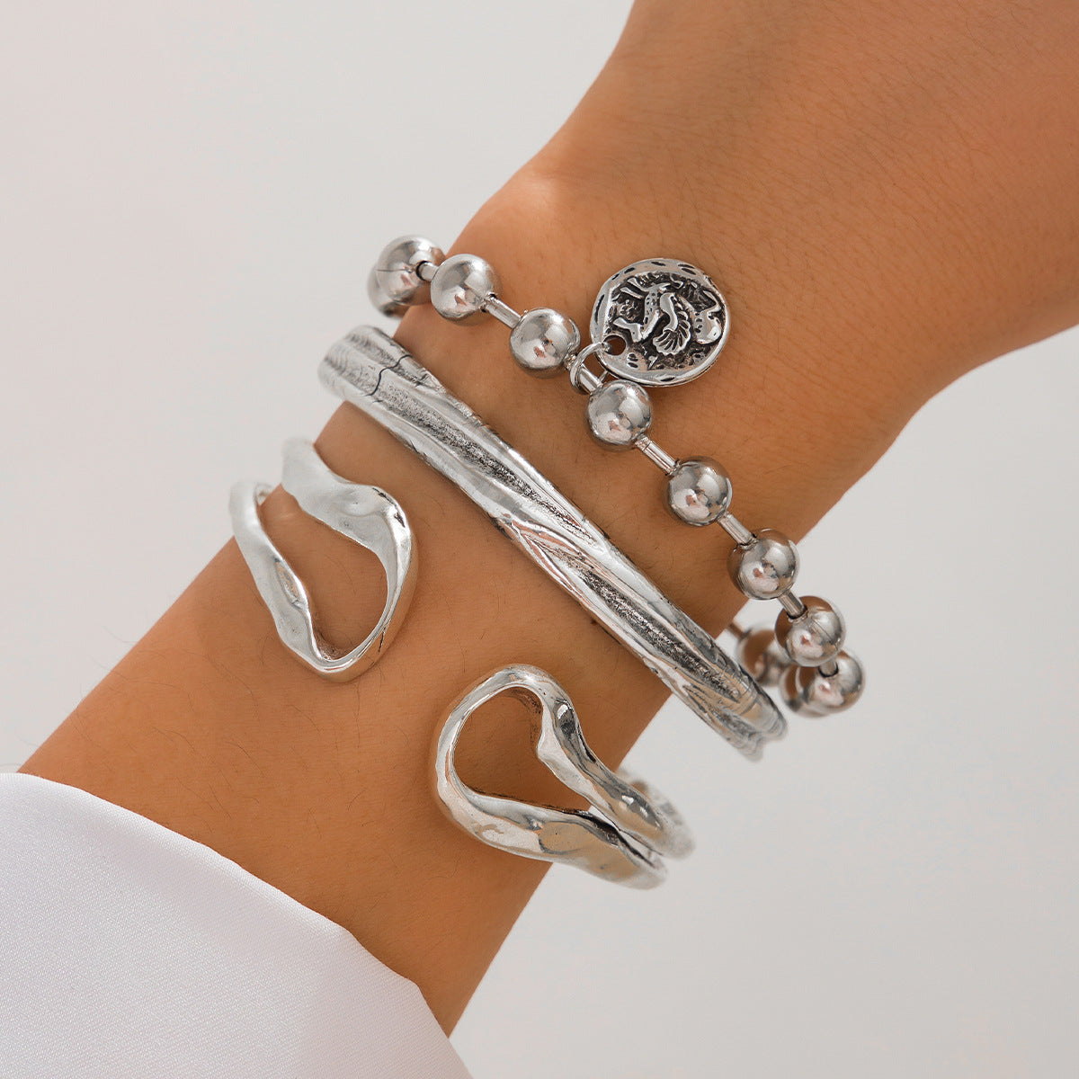 Vintage Geometric Double Hoop Hollow Spring Opening Bracelet with Pendant for Women