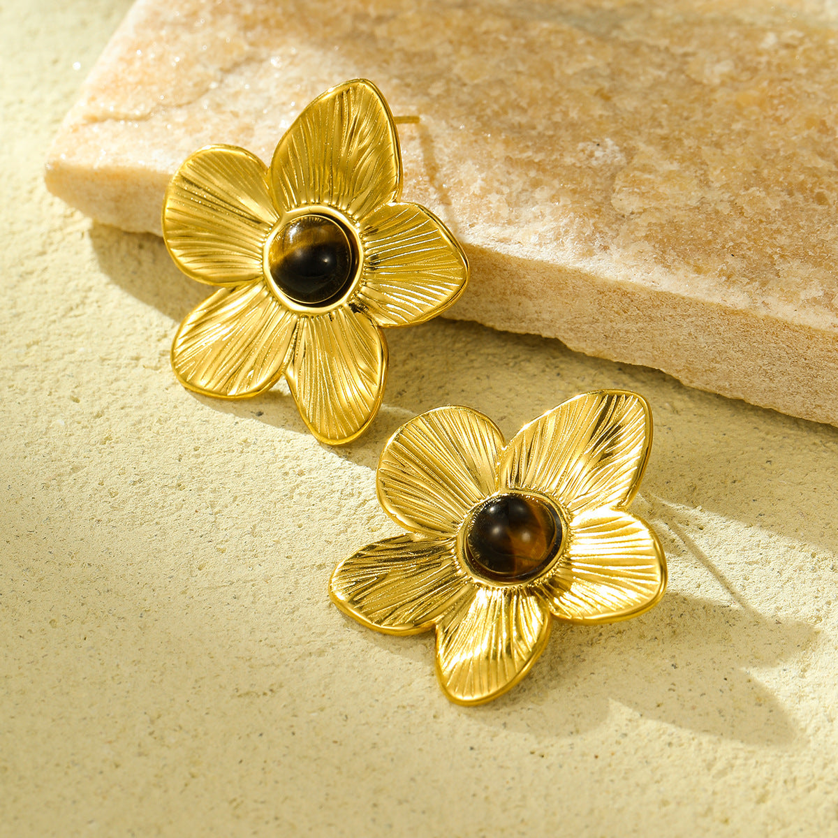 Pendientes de Acero Inoxidable con Forma de Flor Estilo Francés Vintage, Baño de Oro de 18K e Incrustaciones de Ojo de Tigre para Mujer