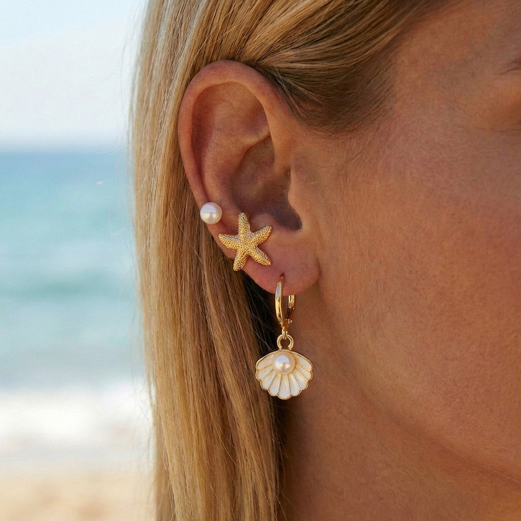 Elegant Alloy Starfish and Pearl Stud Earrings with Shell Elements