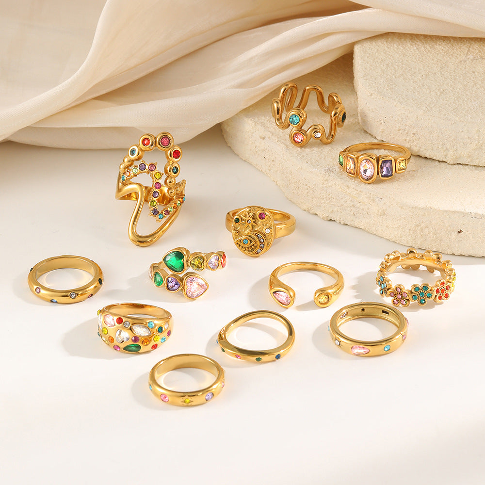 Anello in acciaio inossidabile placcato oro con strass floreali a goccia, geometrico, lussuoso ed elegante