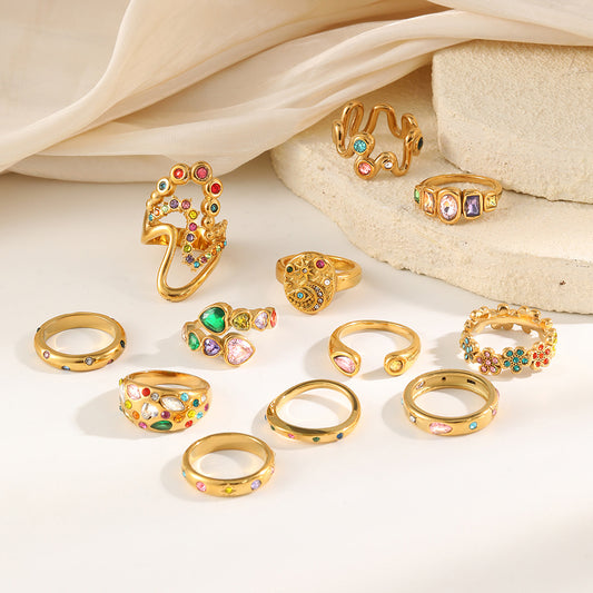 Anello in acciaio inossidabile placcato oro con strass floreali a goccia, geometrico, lussuoso ed elegante