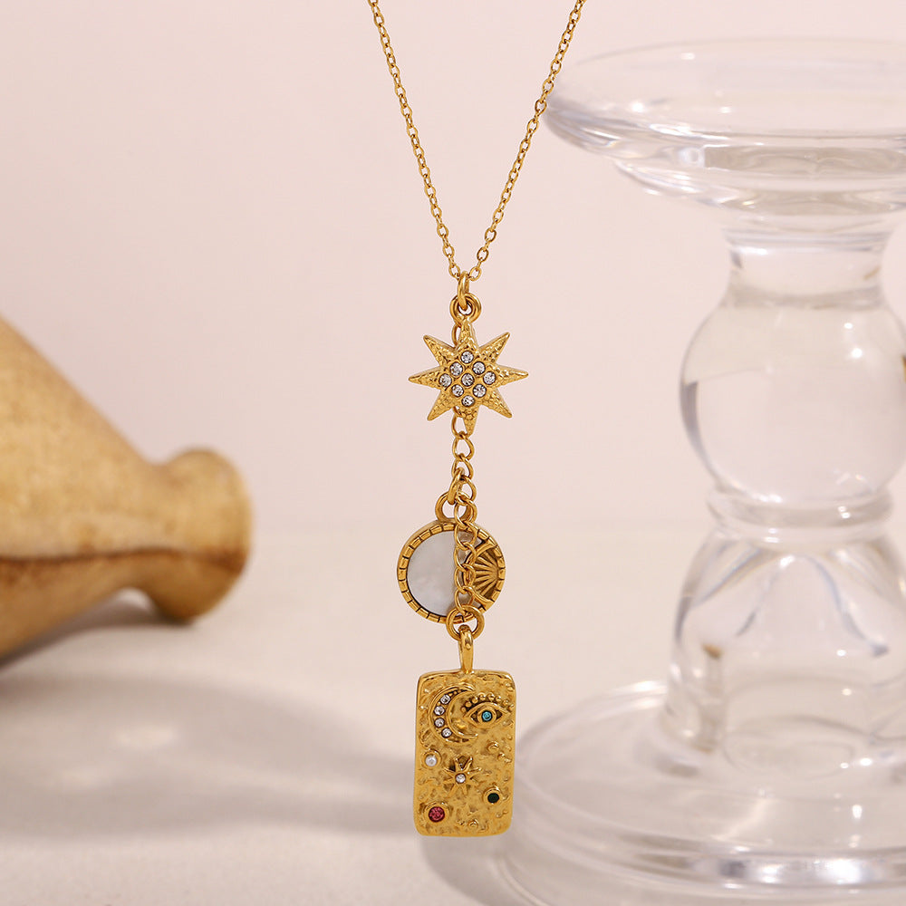 Minimalist Geometric Stainless Steel Pendant Necklace with 18K Gold Plating and Tassel Detail for Women