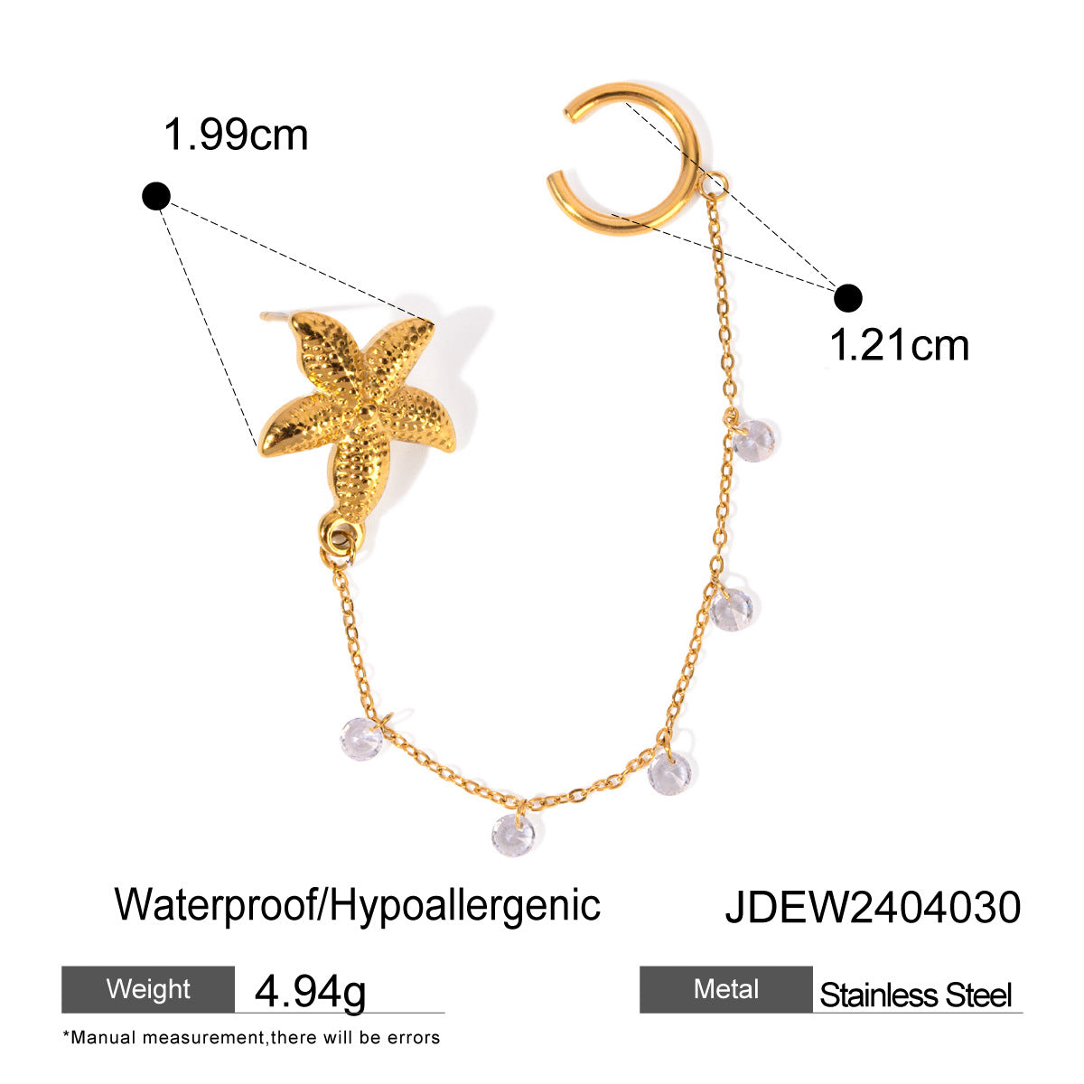 Ins Style Summer Ocean Series 18K Gold Plated Stainless Steel Starfish Rhestone Clip-on Earrings for Women