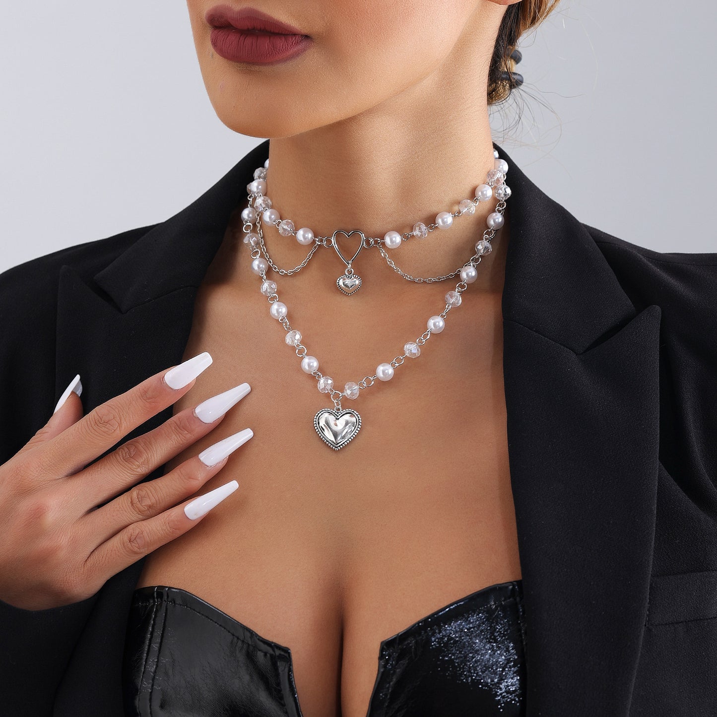 Sweet Fashionable Heart-Shaped Multi-Layer Pendant Necklace for Women with Imitation Pearl Accents and Plated Alloy Charm on Clavicle Chain