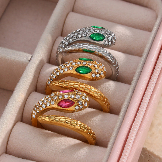 Anello Regolabile Serpente in Stile Vintage in Acciaio Inossidabile con Placcatura in Oro 18K e Intarsio di Strass