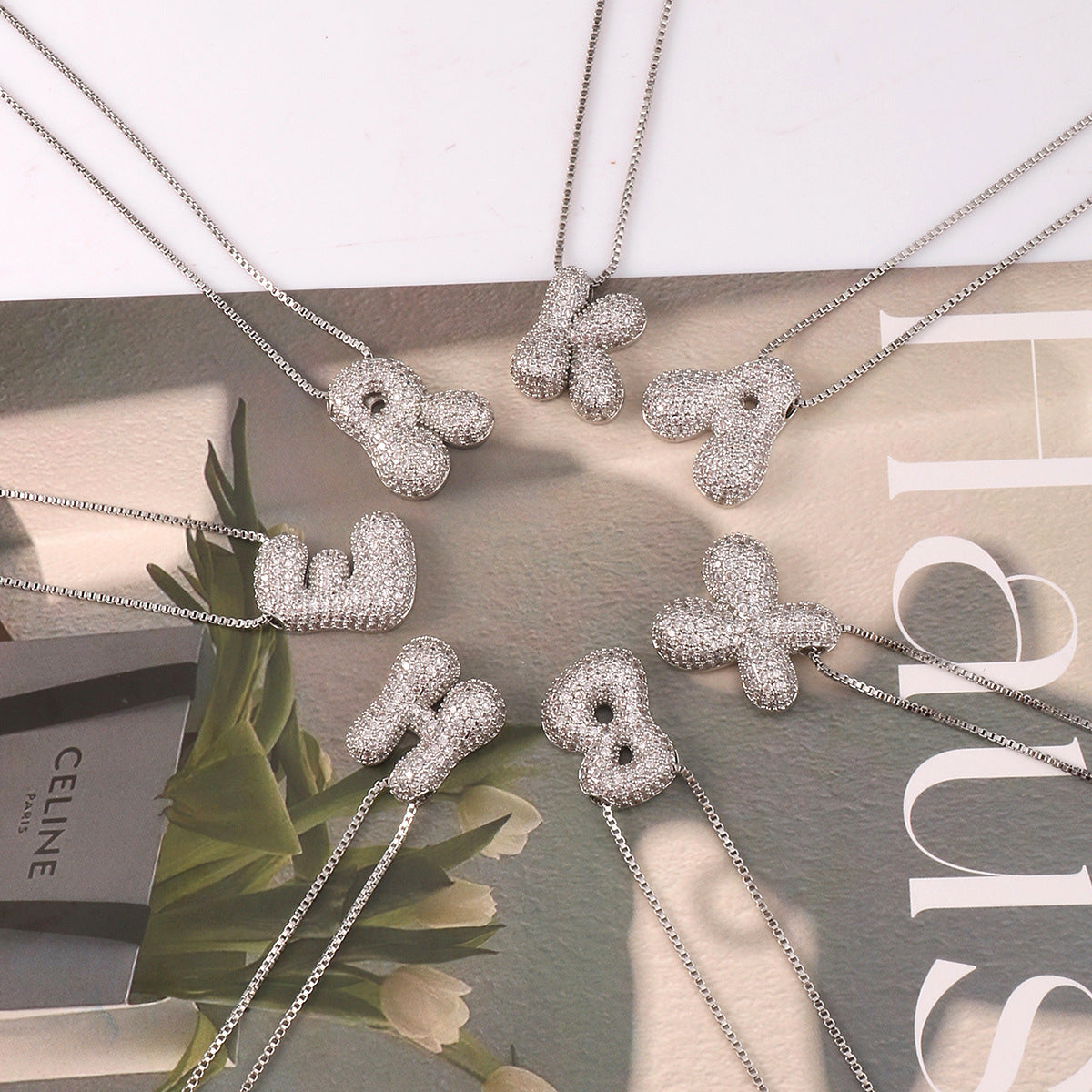 Minimalist Rhinestone Inlaid Letter Pendant Brass Necklace
