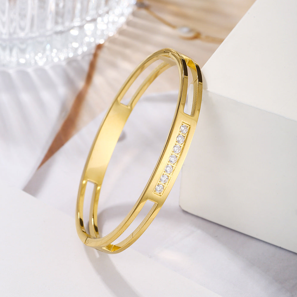 Gold Plated Stainless Steel Round Geometric Cubic Zirconia Bracelet for Women and Couples