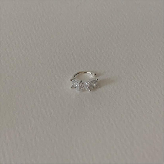 Minimalist Letter-Shaped 925 Sterling Silver Clip-On Earrings with Rhinestone Inlay and Polished Finish