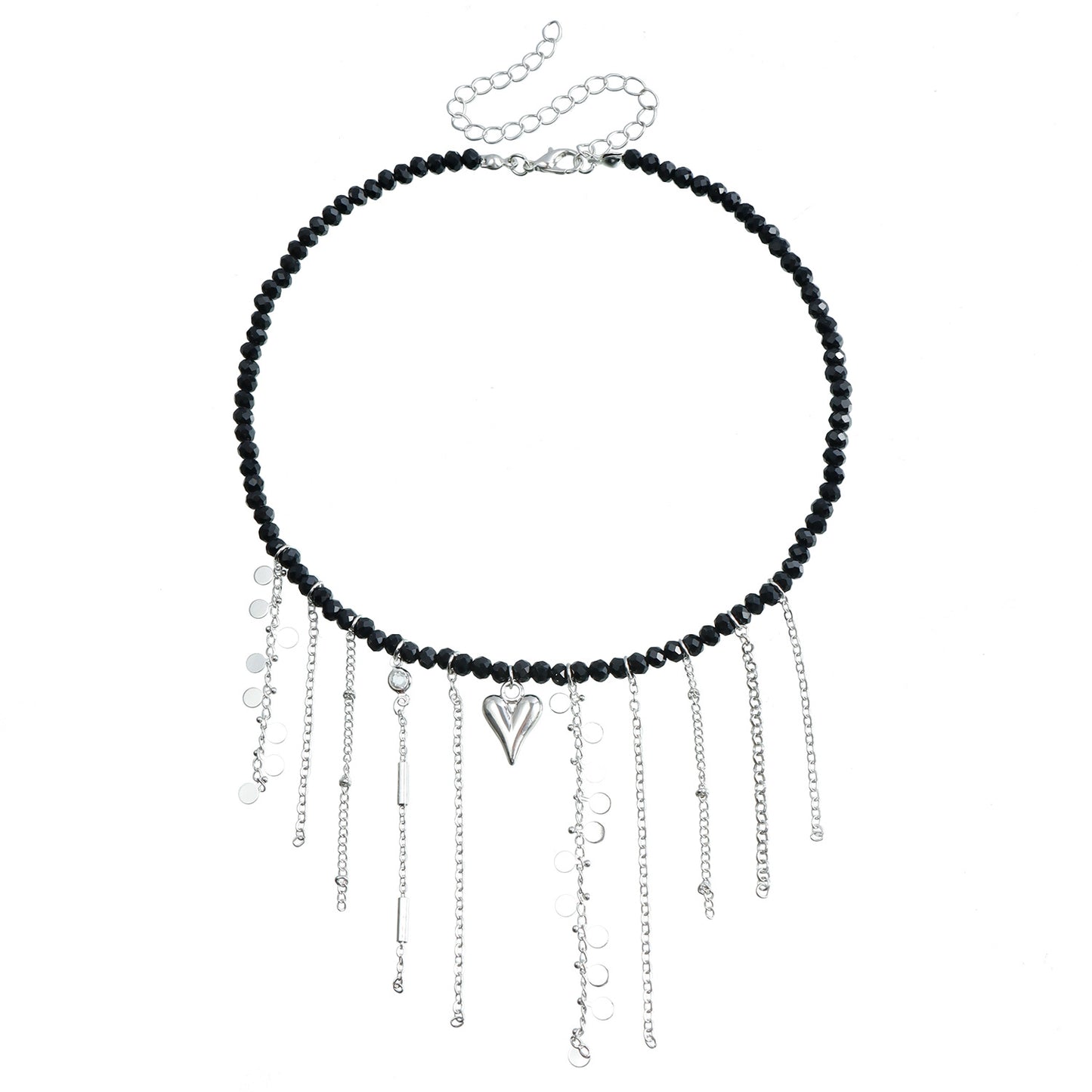 Fashionable Black Crystal Beaded Tassel Necklace with Heart Pendant in Plated Alloy for Women