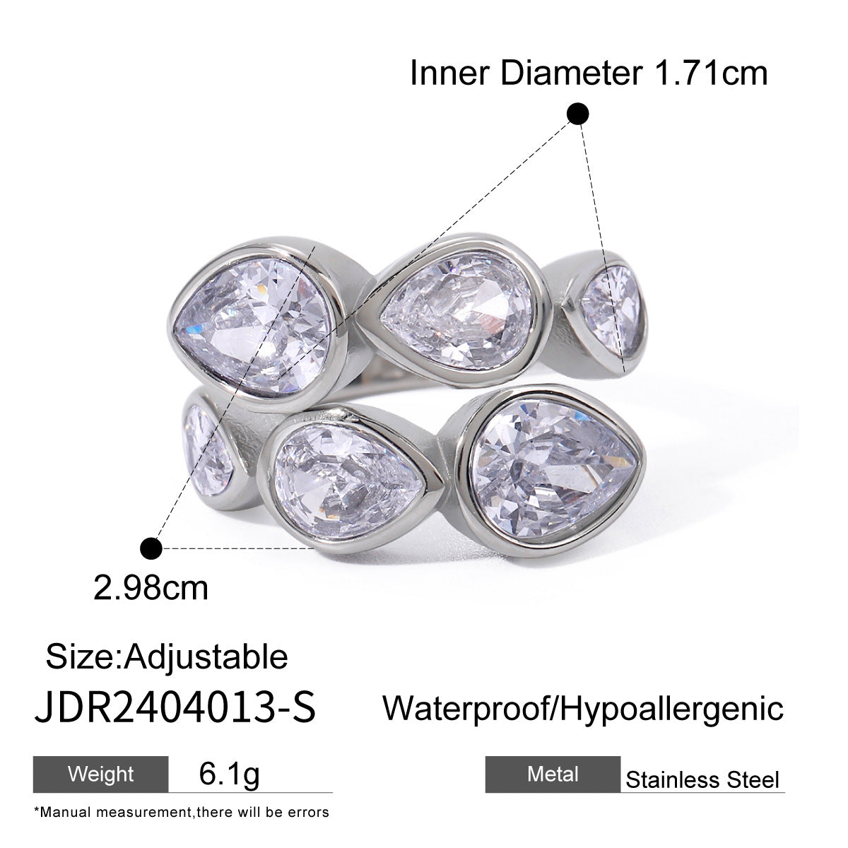 Anello Aperto Rotondo Irregolare in Zircone in Acciaio Inossidabile Placcato Oro 18K Unisex alla Moda