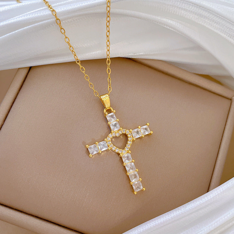 Minimalist Heart Cross Pendant Necklace in Titanium Steel with Rhinestone Inlay for Women